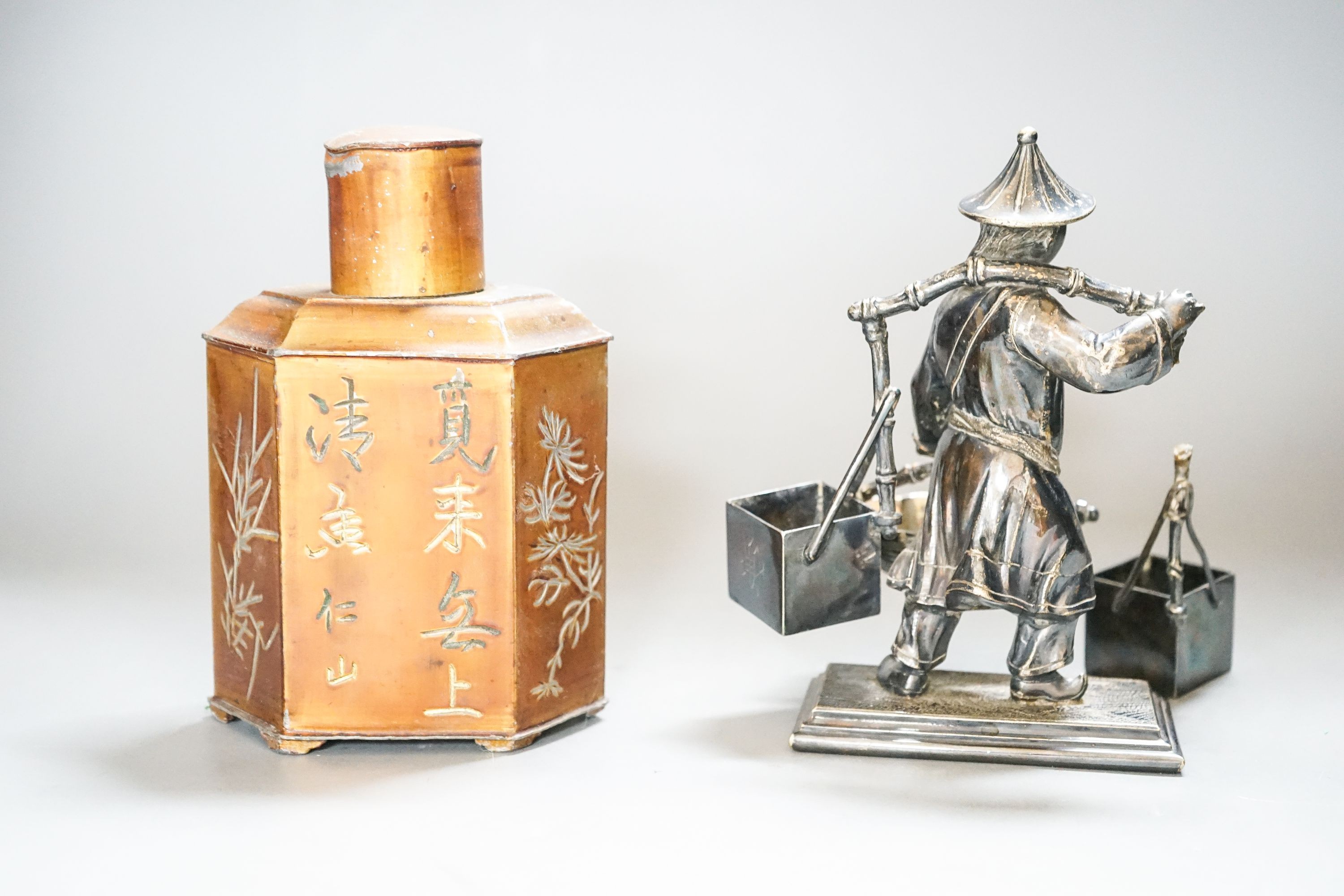 A Chinese pewter tea caddy and Chinese figure 16cm